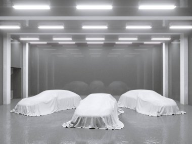 photo studio ile hangar ve kumaş araba ile kaplı. 3D render, gösteren, ipek, düzgün çizim, stüdyo