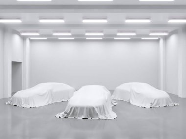 photo studio ile hangar ve kumaş araba ile kaplı. 3D render, gösteren, ipek, düzgün çizim, stüdyo