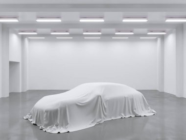 photo studio ile hangar ve kumaş araba ile kaplı. 3D render, gösteren, ipek, düzgün çizim, stüdyo