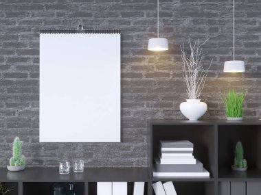 Takvim mockup iç 3d render, illüstrasyon taş, stüdyo, Stil, şablon, kadar kentsel, duvar