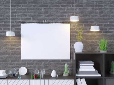Takvim mockup iç 3d render, illüstrasyon taş, stüdyo, Stil, şablon, kadar kentsel, duvar