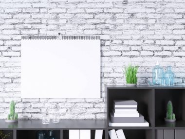Takvim mockup iç 3d render, illüstrasyon taş, stüdyo, Stil, şablon, kadar kentsel, duvar