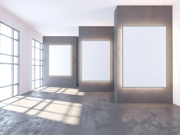 Sala de betão brilhante com cartaz vazio. Galeria, exposição, conceito de publicidade. Mock up, ilustração 3D — Fotografia de Stock