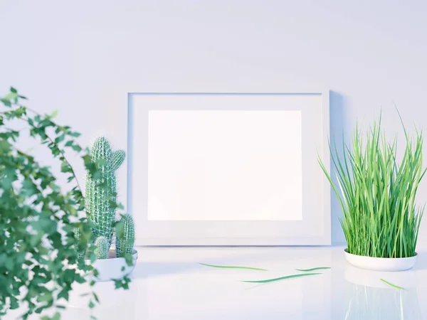 Lay-out verlichte wissellijst, vooraanzicht, met elementen van het decor, de bloemen en de lege ruimte op een rode achtergrond. 3D illustratie — Stockfoto