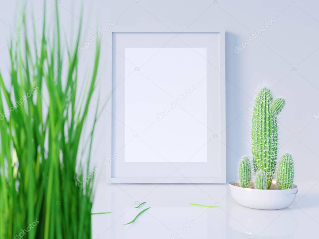 Layout poster frame, front view, with decor elements, flowers and empty space on a red background. 3d illustration