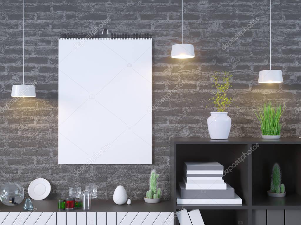 Calendar mockup in interior 3d rendering,  illustration stone,  studio,  style,  template,  up,  urban,  wall,  wallpaper,  white,  wood,  wooden