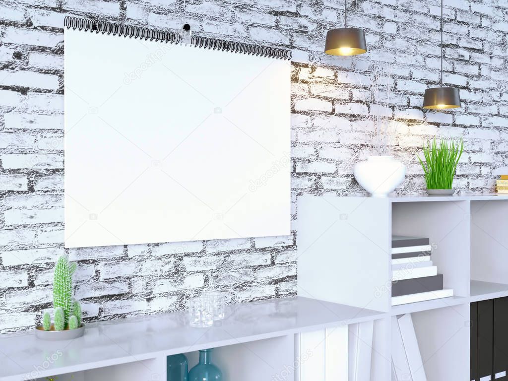 Calendar mockup in interior 3d rendering,  illustration  stone,  studio,  style,  template,  up,  urban,  wall