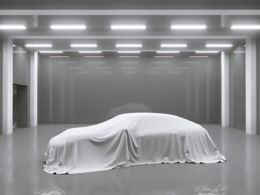 photo studio ile hangar ve kumaş araba ile kaplı. 3D render, gösteren, ipek, düzgün çizim, stüdyo