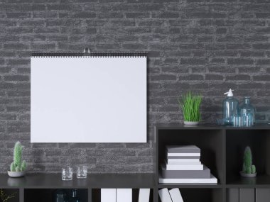 Takvim mockup iç 3d render, illüstrasyon taş, stüdyo, Stil, şablon, kadar kentsel, duvar