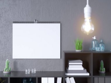 Takvim mockup iç 3d render, illüstrasyon taş, stüdyo, Stil, şablon, kadar kentsel, duvar