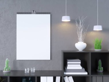 Takvim mockup iç 3d render, illüstrasyon taş, stüdyo, Stil, şablon, kadar kentsel, duvar