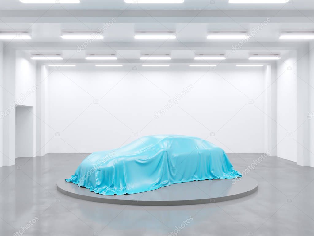 hangar with photo studio and covered with cloth car. 3d rendering, illustration showing,  silk,  smooth,  studio