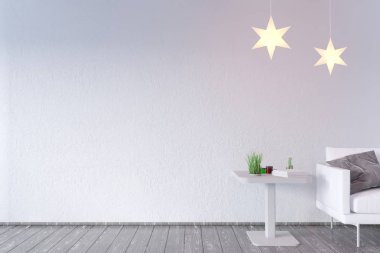 Sehpa ve Kanepeli modern iç. Duvar kadar sahte. 3D çizim. Retro, Oda, İskandinav, basit, kanepe, uzay