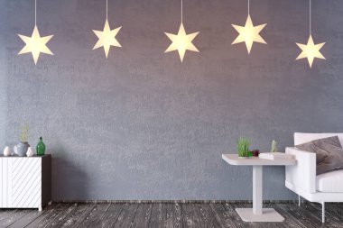 Sehpa ve Kanepeli modern iç. Duvar kadar sahte. 3D çizim. Retro, Oda, İskandinav, basit, kanepe, uzay