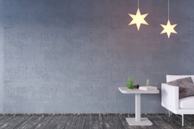 Sehpa ve Kanepeli modern iç. Duvar kadar sahte. 3D çizim. Retro, Oda, İskandinav, basit, kanepe, uzay