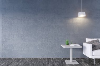 Sehpa ve Kanepeli modern iç. Duvar kadar sahte. 3D çizim. Retro, Oda, İskandinav, basit, kanepe, uzay