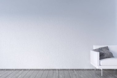 Sehpa ve Kanepeli modern iç. Duvar kadar sahte. 3D çizim. Retro, Oda, İskandinav, basit, kanepe, uzay