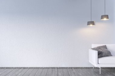 Sehpa ve Kanepeli modern iç. Duvar kadar sahte. 3D çizim. Retro, Oda, İskandinav, basit, kanepe, uzay