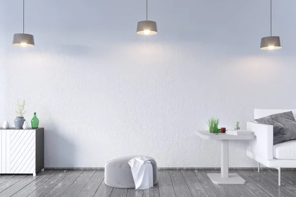 Nowoczesne wnętrza, stolik i sofą. Makieta ściany. ilustracja 3D. retro, pokój, skandynawskich, proste, sofa, miejsce — Zdjęcie stockowe