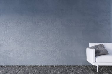 Sehpa ve Kanepeli modern iç. Duvar kadar sahte. 3D çizim. Retro, Oda, İskandinav, basit, kanepe, uzay