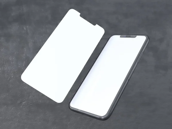 현대 실버 스마트폰 대비 그림자와 함께 흰색 실린더에 고립. 보여주는, 온라인 3d 렌더링 전화 — 스톡 사진