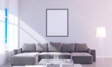 Boş çerçeve ile modern parlak iç. 3D render 3d çizim Oda, İskandinav, kanepe, alan, kadar beyaz duvar