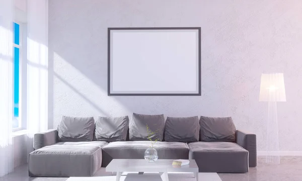 Interior moderno y luminoso con marco vacío. Representación 3D sala de ilustración 3D, escandinavo, sofá, espacio, hasta, pared, blanco — Foto de Stock