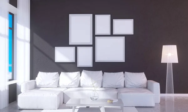 Moderno interno luminoso con cornice vuota. 3D rendering 3D illustrazione stanza, scandinavo, divano, spazio, su, muro, bianco — Foto Stock