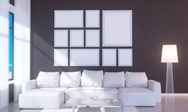 Modern ljus interiör med Tom ram. 3D rendering 3d illustration-rummet, skandinavisk, soffa, utrymme, upp, vägg, vit — Stockfoto