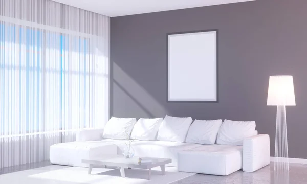 Moderní světlý interiér s prázdný rámeček. 3D vykreslování 3d ilustrace pokoj, skandinávské, pohovka, prostor, do, zdi, bílé — Stock fotografie