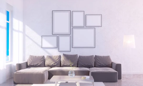 Moderní světlý interiér s prázdný rámeček. 3D vykreslování 3d ilustrace pokoj, skandinávské, pohovka, prostor, do, zdi, bílé — Stock fotografie