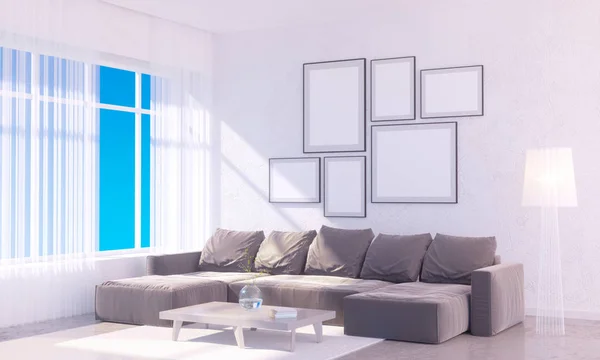 Interior terang modern dengan bingkai kosong. 3D rendering 3D ruang ilustrasi, Skandinavia, sofa, ruang, atas, dinding, putih — Stok Foto