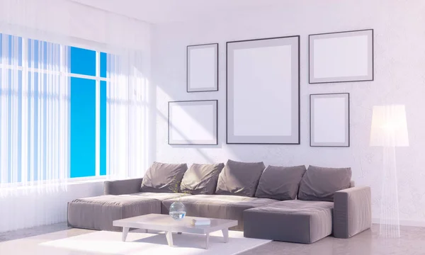 Interior terang modern dengan bingkai kosong. 3D rendering 3D ruang ilustrasi, Skandinavia, sofa, ruang, atas, dinding, putih — Stok Foto