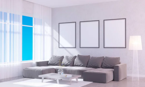 Interior moderno y luminoso con marco vacío. Representación 3D sala de ilustración 3D, escandinavo, sofá, espacio, hasta, pared, blanco — Foto de Stock
