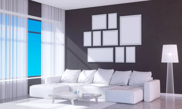 Сучасний яскравий інтер'єр з порожньою рамою. 3D візуалізація 3D ілюстрації кімната, скандинавський, диван, простір, вгору, стіна, білий — стокове фото