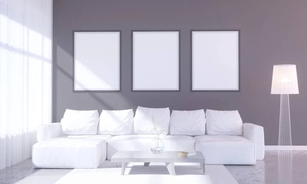 Moderno interno luminoso con cornice vuota. 3D rendering 3D illustrazione stanza, scandinavo, divano, spazio, su, muro, bianco — Foto Stock