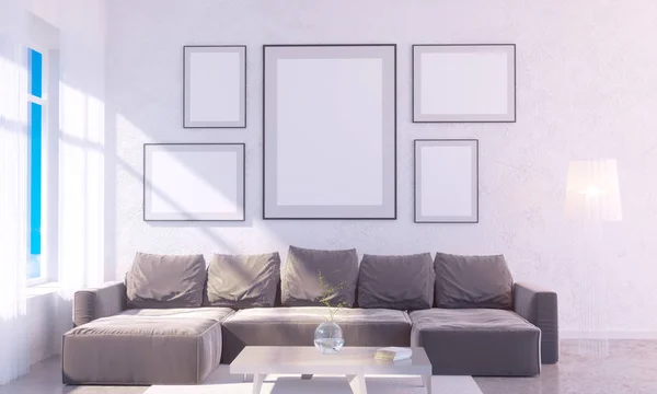 Interior terang modern dengan bingkai kosong. 3D rendering 3D ruang ilustrasi, Skandinavia, sofa, ruang, atas, dinding, putih — Stok Foto