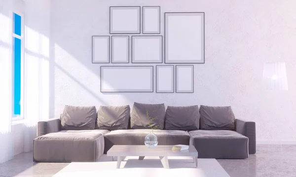 Moderne lichte interieur met lege kader. 3D rendering 3d illustratie kamer, Scandinavische, sofa, ruimte, omhoog, muur, wit — Stockfoto