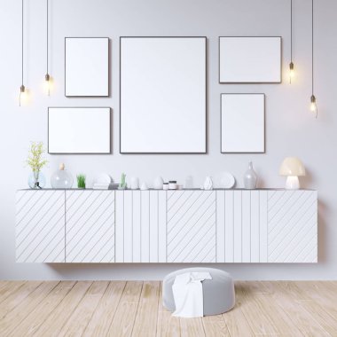 poster çerçeveleri hipster iç arka plan, İskandinav tarzı, 3d render, 3d çizim kadar alay