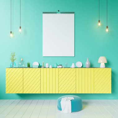 Poster dolap 3d Illustrator ile mutfak eşyaları, minimalizm, iç mekan, arka plan, üzerinde