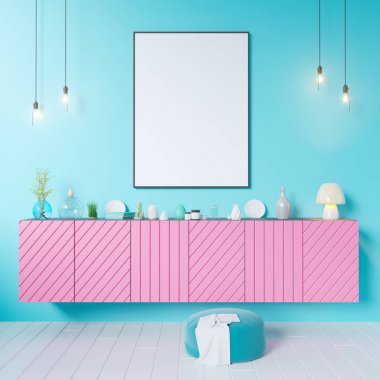 Poster dolap 3d Illustrator ile mutfak eşyaları, minimalizm, iç mekan, arka plan, üzerinde