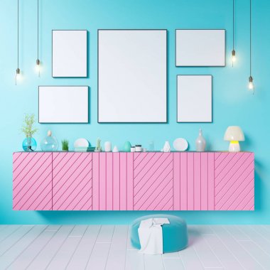 Poster dolap 3d Illustrator ile mutfak eşyaları, minimalizm, iç mekan, arka plan, üzerinde