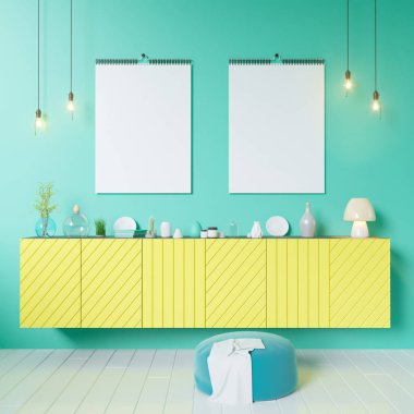 Poster dolap 3d Illustrator ile mutfak eşyaları, minimalizm, iç mekan, arka plan, üzerinde