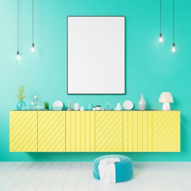 Poster dolap 3d Illustrator ile mutfak eşyaları, minimalizm, iç mekan, arka plan, üzerinde