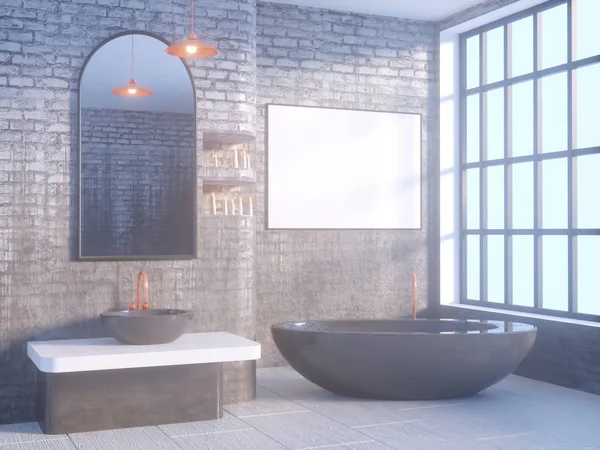 Grijze badkamer interieur met een betonnen vloer, een bad, een dubbele wastafel 3d illustratie mock up — Stockfoto
