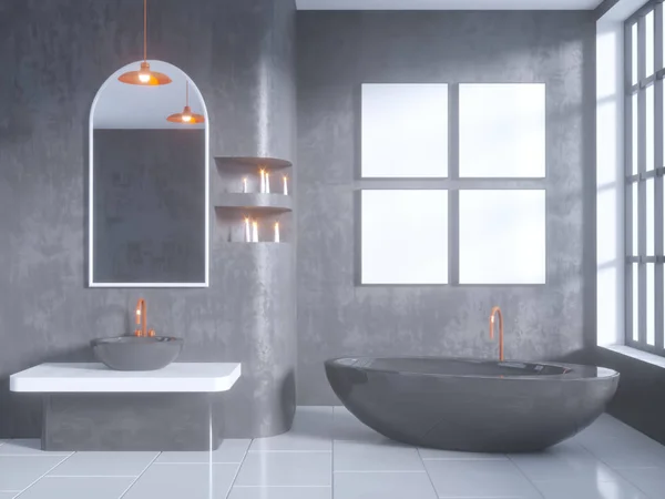 灰色浴室内部与混凝土地板, 浴缸, 双水槽3d 插图模拟 — 图库照片