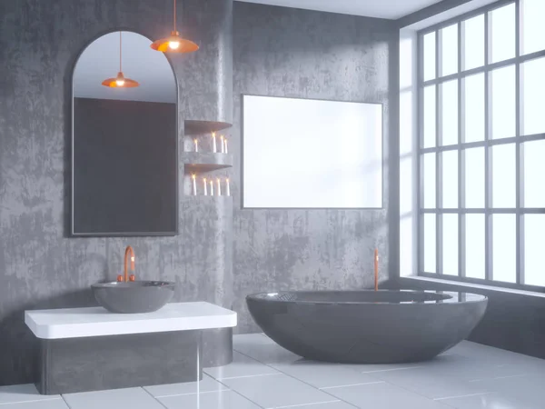 Grå badrum inredning med ett betonggolv, ett badkar, en dubbel diskho 3d illustration mock upp — Stockfoto