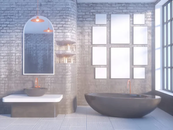 Interno del bagno grigio con un pavimento di cemento, una vasca da bagno, un doppio lavabo 3D illustrazione mock up — Foto Stock