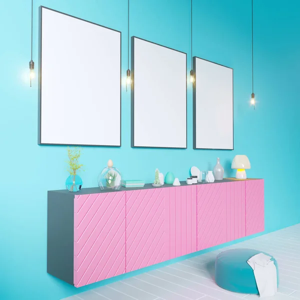 Póster sobre el armario con utensilios, minimalismo, interior, fondo, 3D Illustrator — Foto de Stock