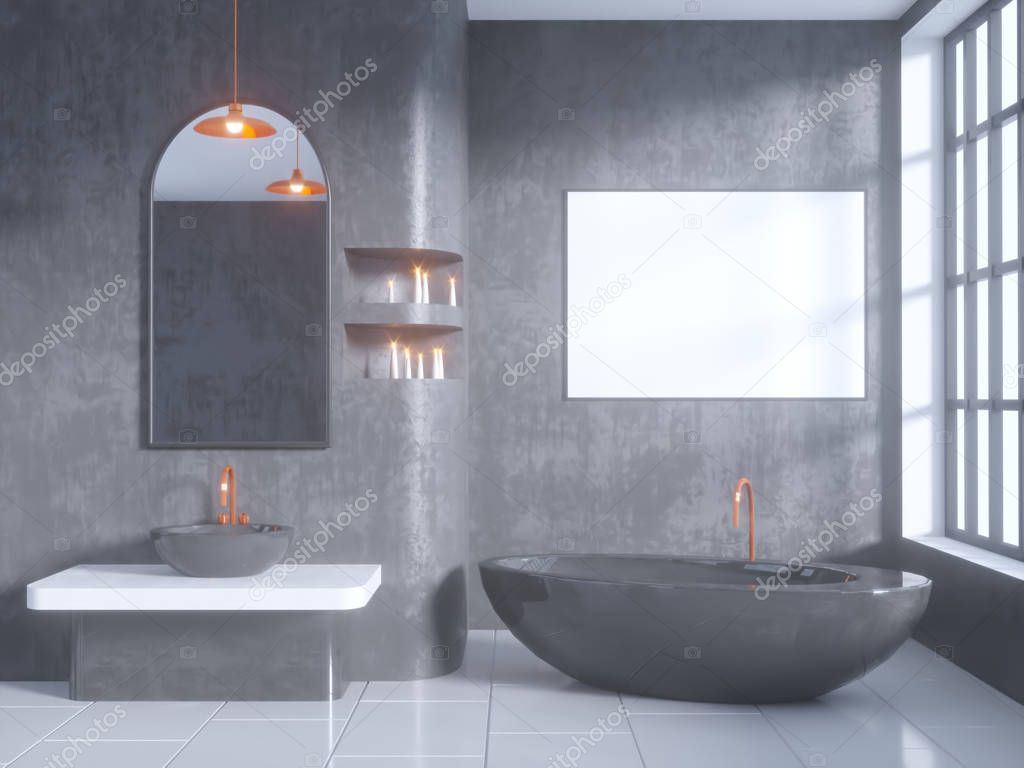 Gray bathroom interior with a concrete floor, a bathtub, a double sink 3d illustration mock up